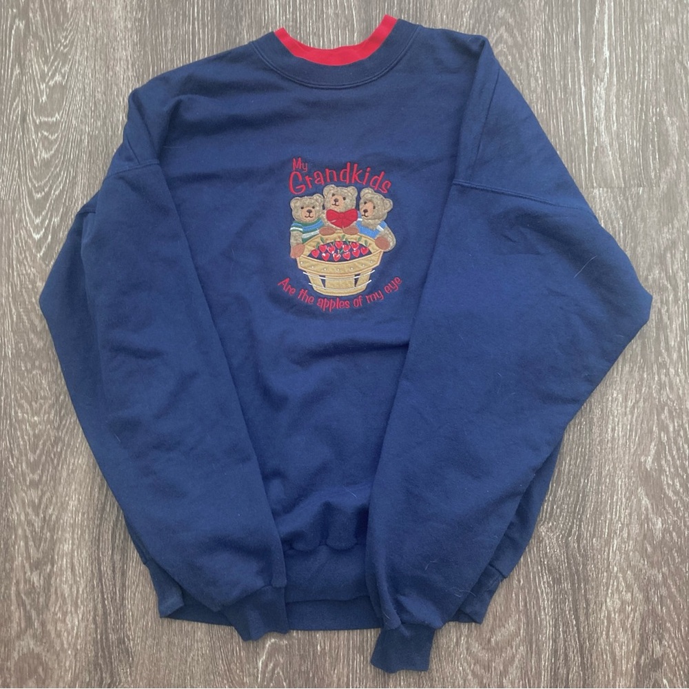 M&C Sportswear Sweatshirt Women Size XL Blue Embroidered Apples Grandkids Theme